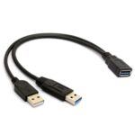 USB 3.0 Female to Dual USB Male Extra Power Data Extension Cord Adapter Splitter Y-Cable Black