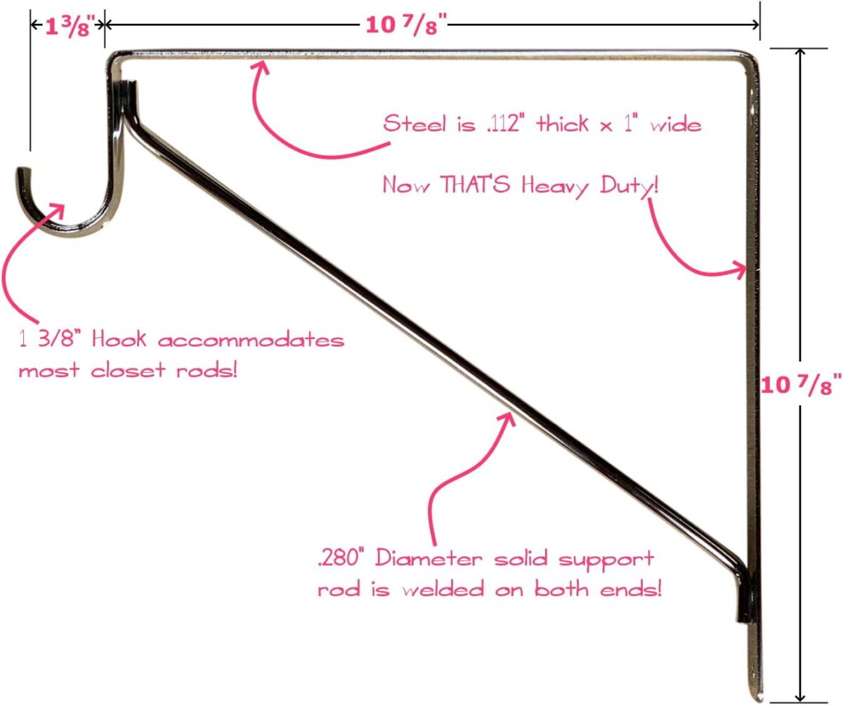 Welded HEAVY DUTY Closet Rod & Shelf Support Bracket - 2 Pack -Chrome - Image 3