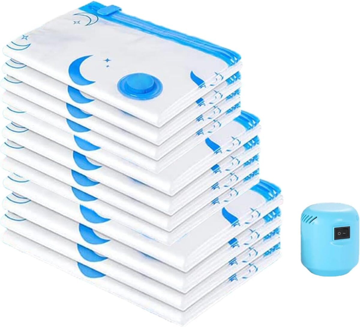12 Pack Vacuum Storage Bags, Space Saver Bags (4 Jumbo/4 Large/4 Medium/1 Automatic Pump) Compressed Storage Bags for Clothing, Comfort Items and Blankets - Image 1