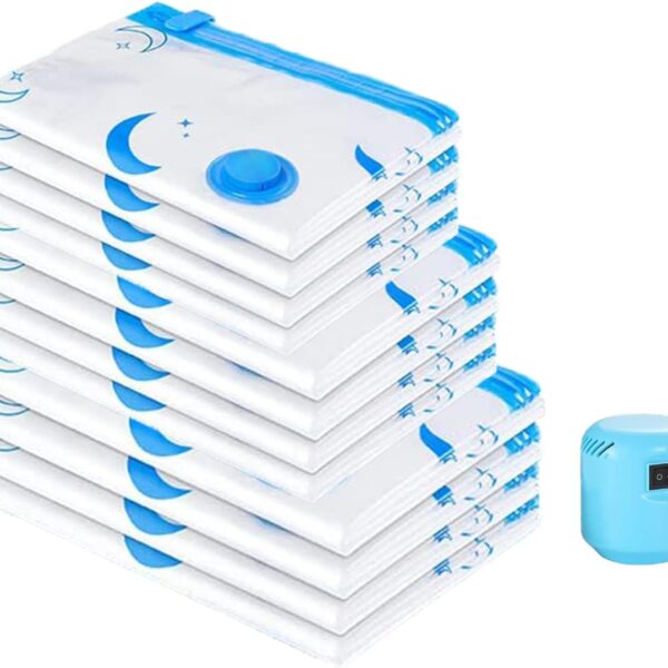 12 Pack Vacuum Storage Bags, Space Saver Bags (4 Jumbo/4 Large/4 Medium/1 Automatic Pump) Compressed Storage Bags for Clothing, Comfort Items and Blankets