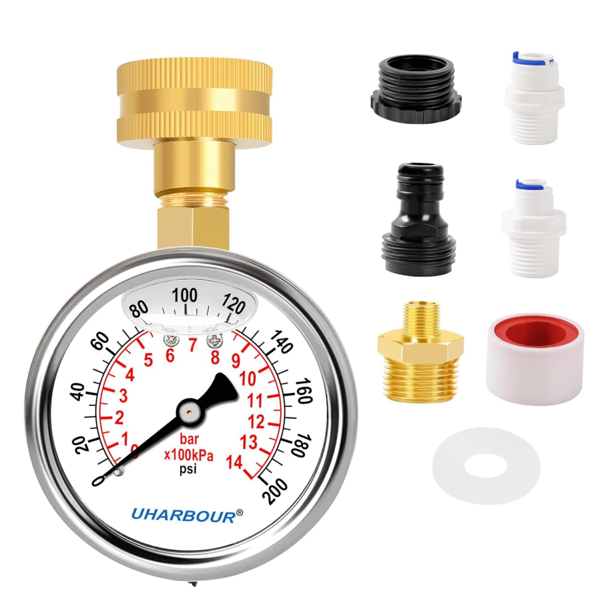 Water Pressure Gauge Kit Including Adaptors, 2.5"Glycerin Filled Water Pressure Test Gauge 3/4" GHT with Brass Hose Fitting and Extra 6 Adapters for Multiple Use,0-200Psi/14Bar - Image 2