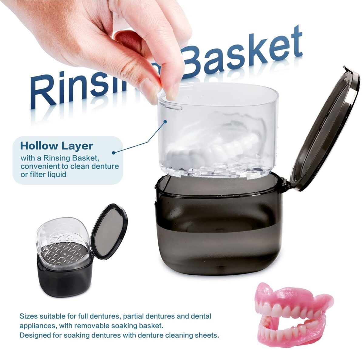 Upgraded Denture Bath Box Cup, No-Leak Denture Case,Retainer Cleaning Box, Complete Clean Care for Dentures, Clear Braces, Mouth Guard, Night Guard & Retainers (Transparent Grey) - Image 6