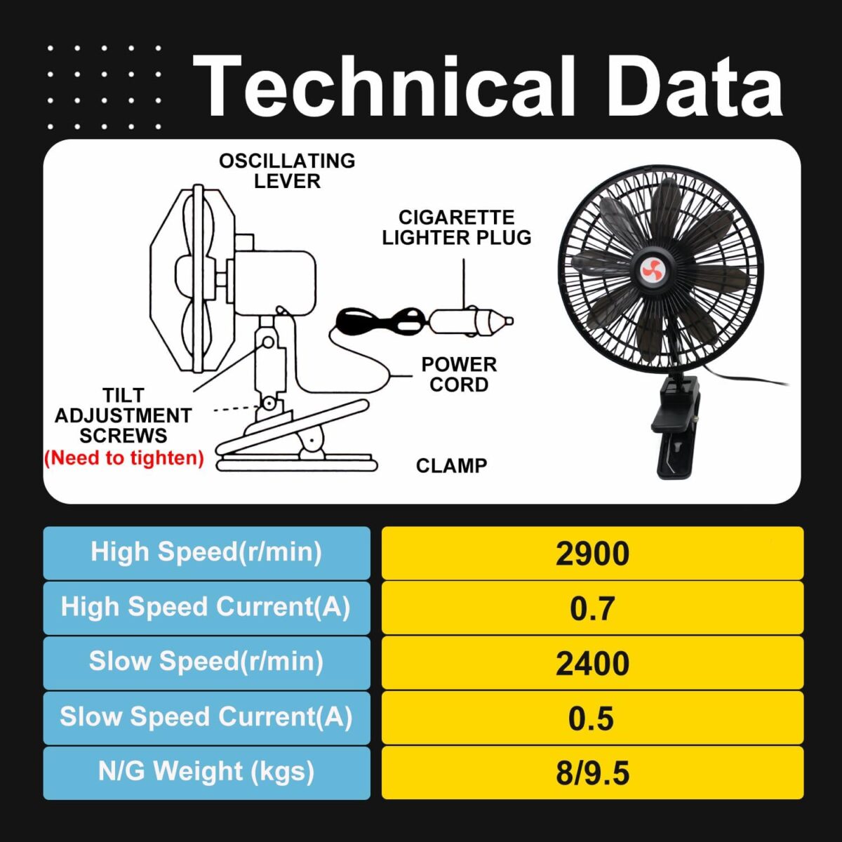 8” Car Truck RV Clip Fan,12 Volt Truck Fans That Blow Cold Air,12V RV Cooling Fan with 2-Speed Switch,Car Cigarette Lighter Cord Length 5FT - Image 5