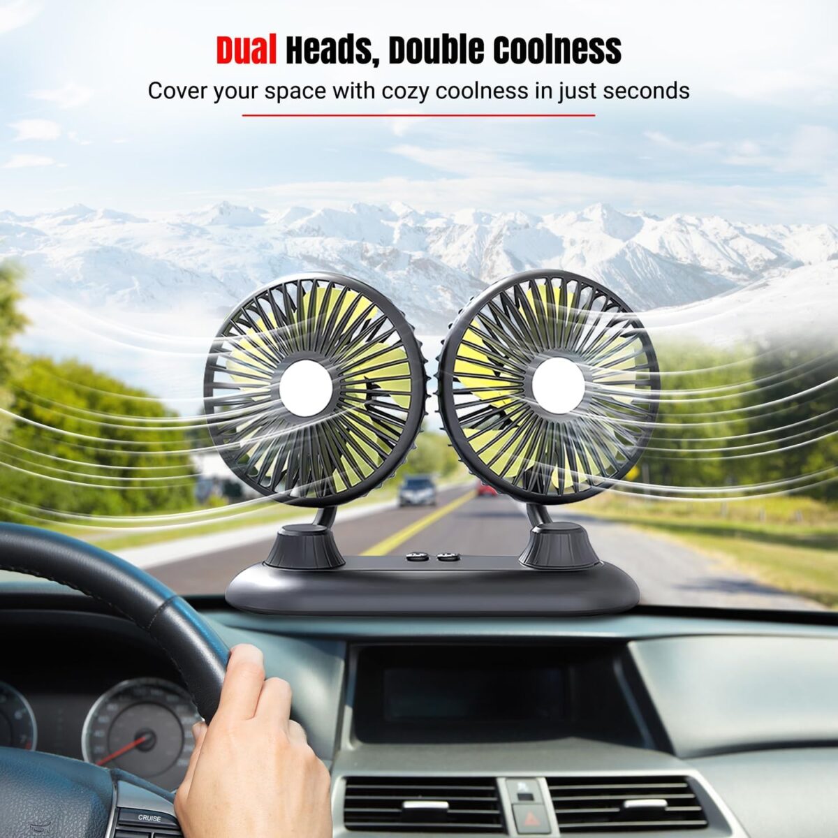 Car Fan, USB Portable Fan for Car with 3 Wind Speed, 360 Degree Rotatable Dual Head Car Fans, Strong Wind Electric Auto Fans for Car Dashboard SUV RV Truck Boat Van Sedan Home Office - Image 3
