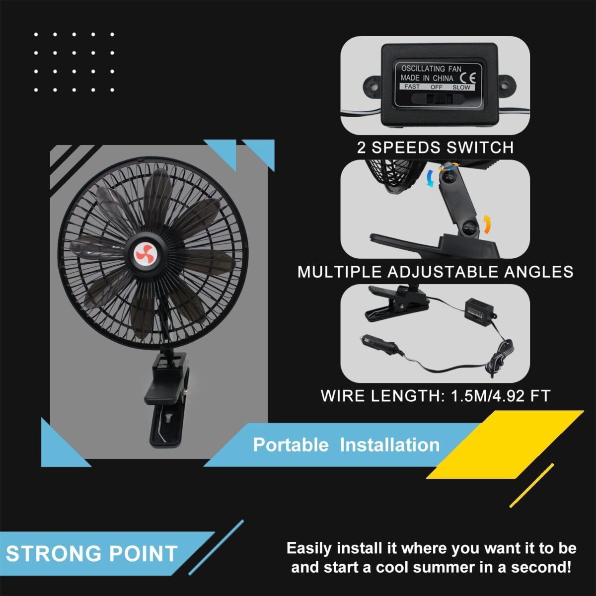 8” Car Truck RV Clip Fan,12 Volt Truck Fans That Blow Cold Air,12V RV Cooling Fan with 2-Speed Switch,Car Cigarette Lighter Cord Length 5FT - Image 4