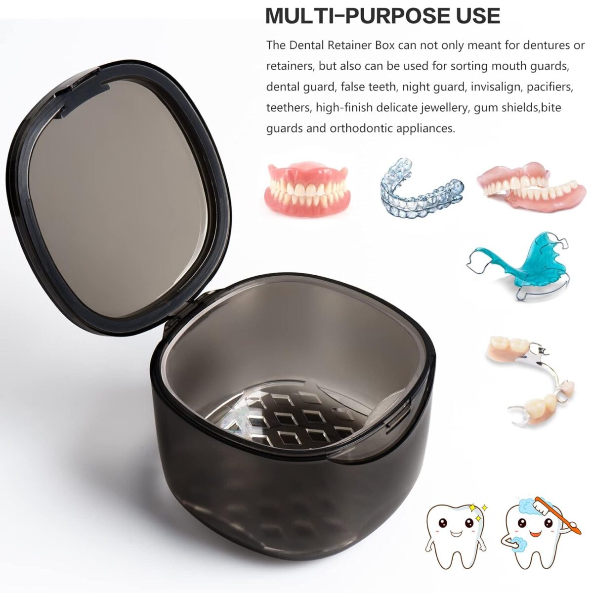 Upgraded Denture Bath Box Cup, No-Leak Denture Case,Retainer Cleaning Box, Complete Clean Care for Dentures, Clear Braces, Mouth Guard, Night Guard & Retainers (Transparent Grey) - Image 3