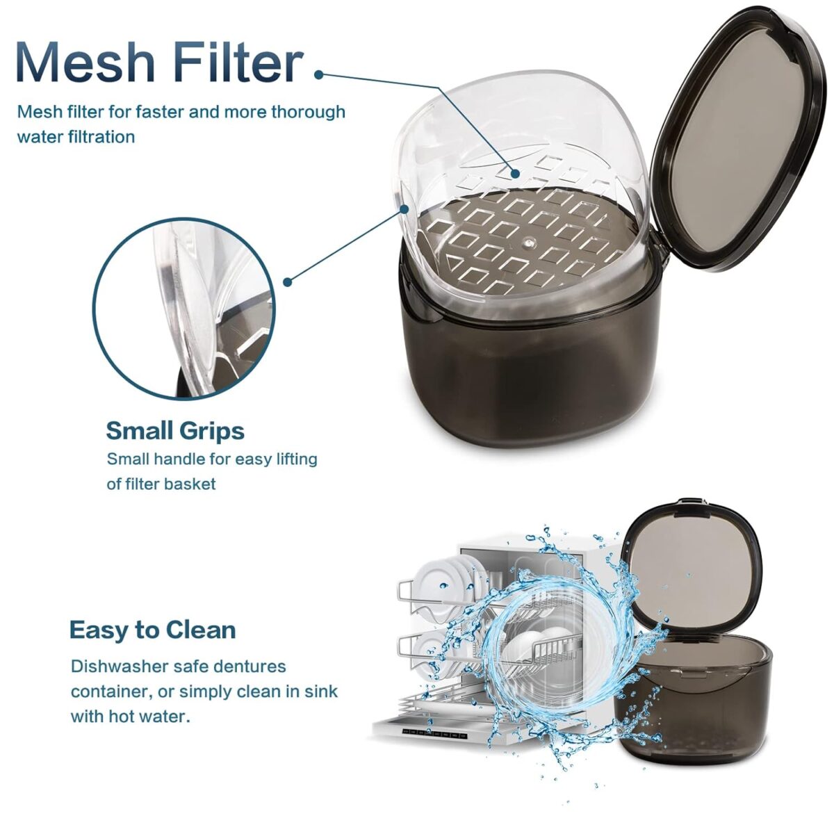 Upgraded Denture Bath Box Cup, No-Leak Denture Case,Retainer Cleaning Box, Complete Clean Care for Dentures, Clear Braces, Mouth Guard, Night Guard & Retainers (Transparent Grey) - Image 5
