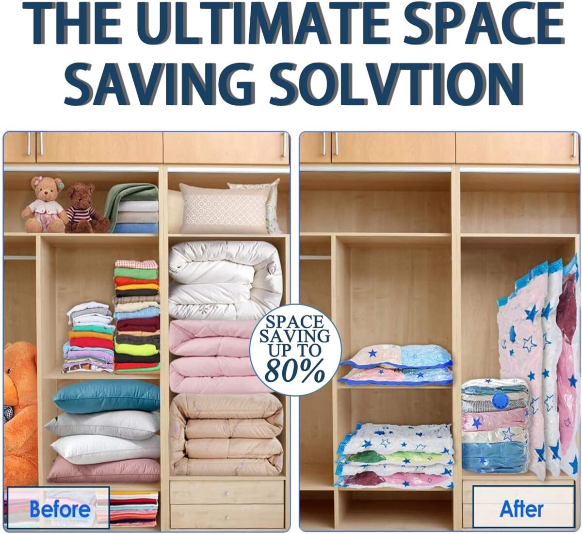 12 Pack Vacuum Storage Bags, Space Saver Bags (4 Jumbo/4 Large/4 Medium/1 Automatic Pump) Compressed Storage Bags for Clothing, Comfort Items and Blankets - Image 4