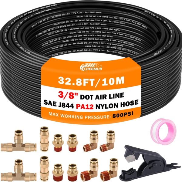 3/8 Brass DOT Air Fittings with 32.8FT 3/8" DOT Air Line Kit Quick Connect DOT Air Line Fittings and PA12 Pneumatic Tubing for Semi Truck Trailer or Industrial Air System