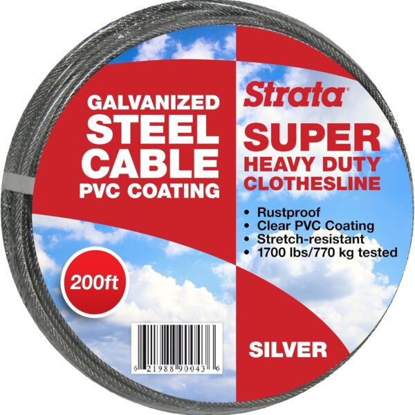 200 Feet Clothesline Outdoor Heavy Duty Galvanized Wire Steel Cable, Silver PVC Coating - Clothes Line Wires for outside Laundry Drying