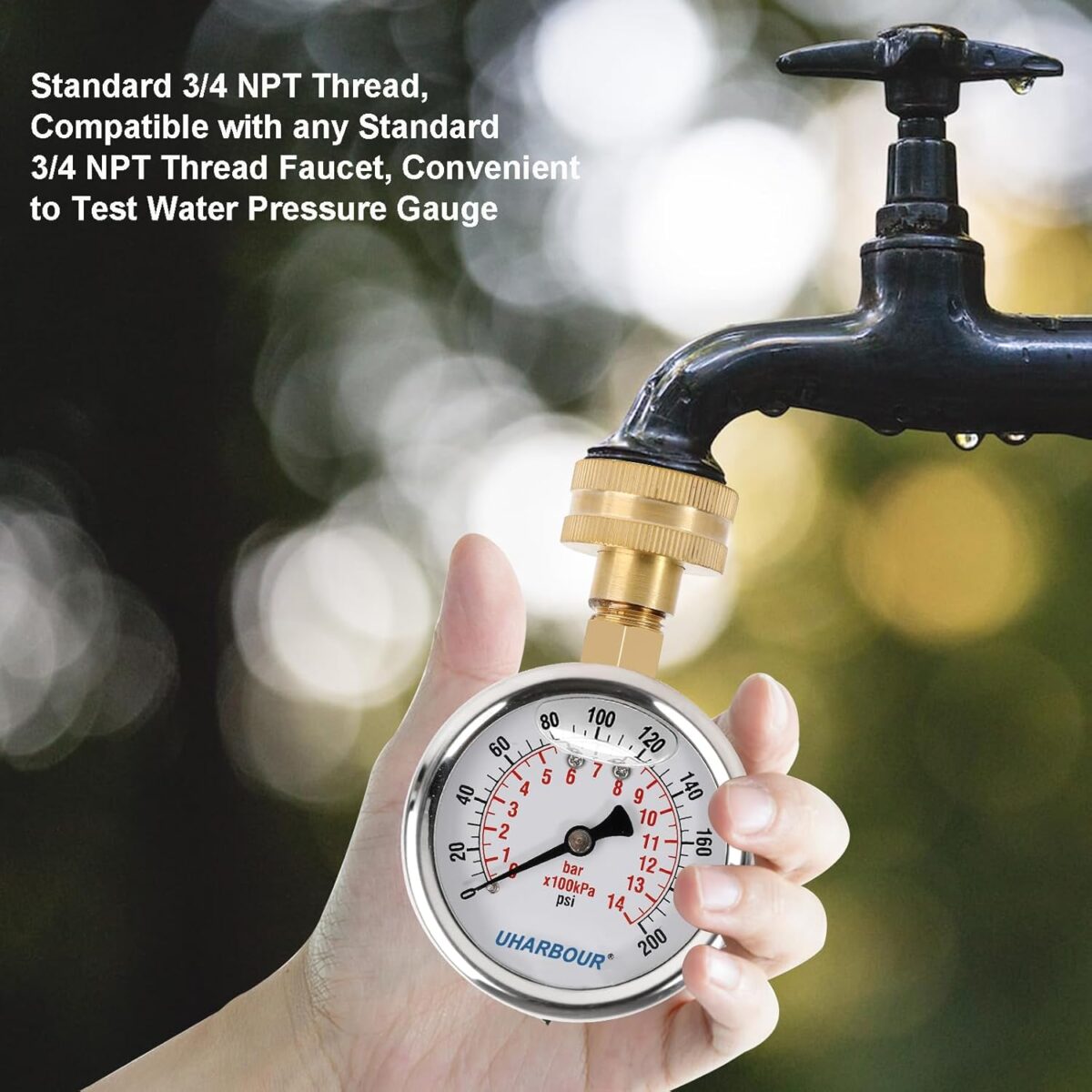 Water Pressure Gauge Kit Including Adaptors, 2.5"Glycerin Filled Water Pressure Test Gauge 3/4" GHT with Brass Hose Fitting and Extra 6 Adapters for Multiple Use,0-200Psi/14Bar - Image 3