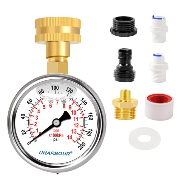 Water Pressure Gauge Kit Including Adaptors, 2.5"Glycerin Filled Water Pressure Test Gauge 3/4" GHT with Brass Hose Fitting and Extra 6 Adapters for Multiple Use,0-200Psi/14Bar