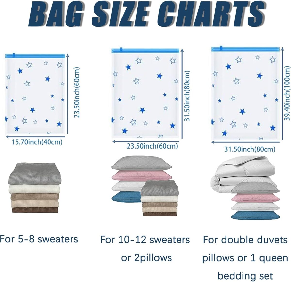 12 Pack Vacuum Storage Bags, Space Saver Bags (4 Jumbo/4 Large/4 Medium/1 Automatic Pump) Compressed Storage Bags for Clothing, Comfort Items and Blankets - Image 5