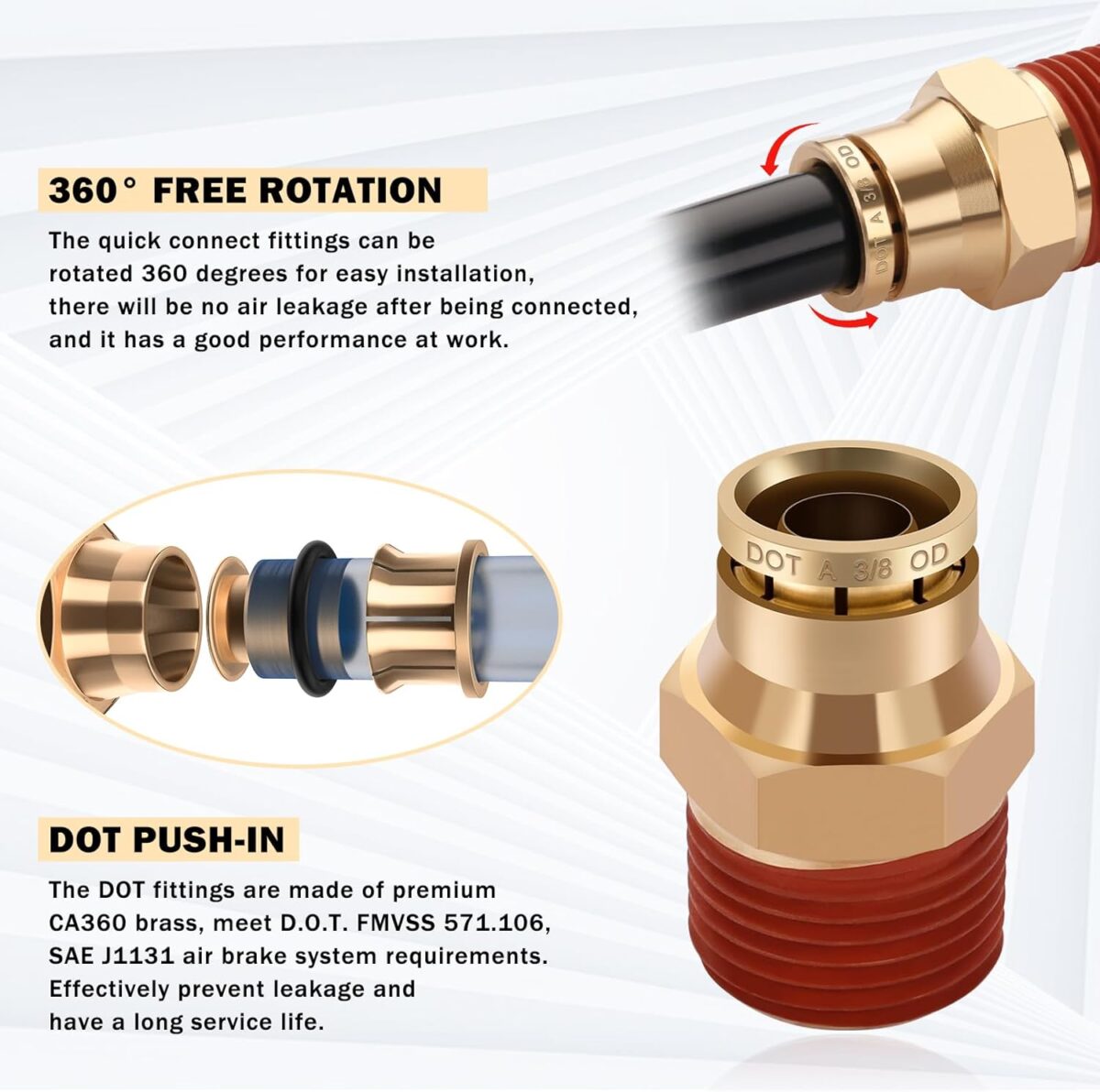 3/8 Brass DOT Air Fittings with 32.8FT 3/8" DOT Air Line Kit Quick Connect DOT Air Line Fittings and PA12 Pneumatic Tubing for Semi Truck Trailer or Industrial Air System - Image 5