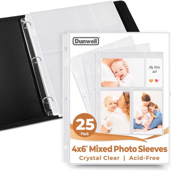 Photo Sleeves for 3-Ring Binder, (4X6 Mixed Format, 25 Pack) for 150 Pictures, Each Photo Page Sheet Holds Six 4 X 6 Pictures or Postcards, Acid-Free Poly 4X6 Album Refill Pages
