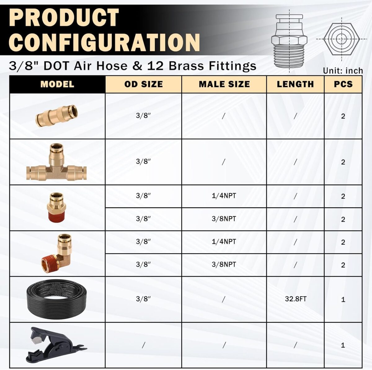 3/8 Brass DOT Air Fittings with 32.8FT 3/8" DOT Air Line Kit Quick Connect DOT Air Line Fittings and PA12 Pneumatic Tubing for Semi Truck Trailer or Industrial Air System - Image 3