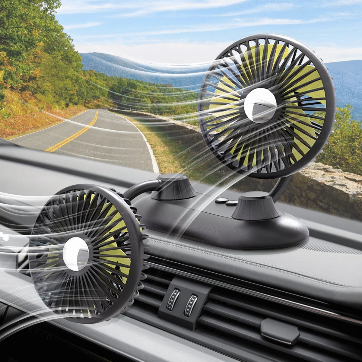 Car Fan, USB Portable Fan for Car with 3 Wind Speed, 360 Degree Rotatable Dual Head Car Fans, Strong Wind Electric Auto Fans for Car Dashboard SUV RV Truck Boat Van Sedan Home Office - Image 2