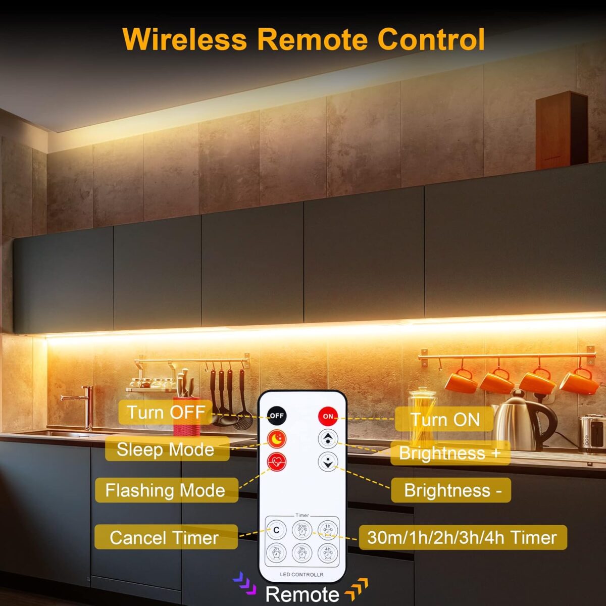 under Cabinet Lighting Kit - 8 PCS, 2700K Warm White Flexible LED Strip Lights with Remote and Power Adapter for Kitchen Cabinets, Shelf, Desk, Counter - 13Ft - Image 5