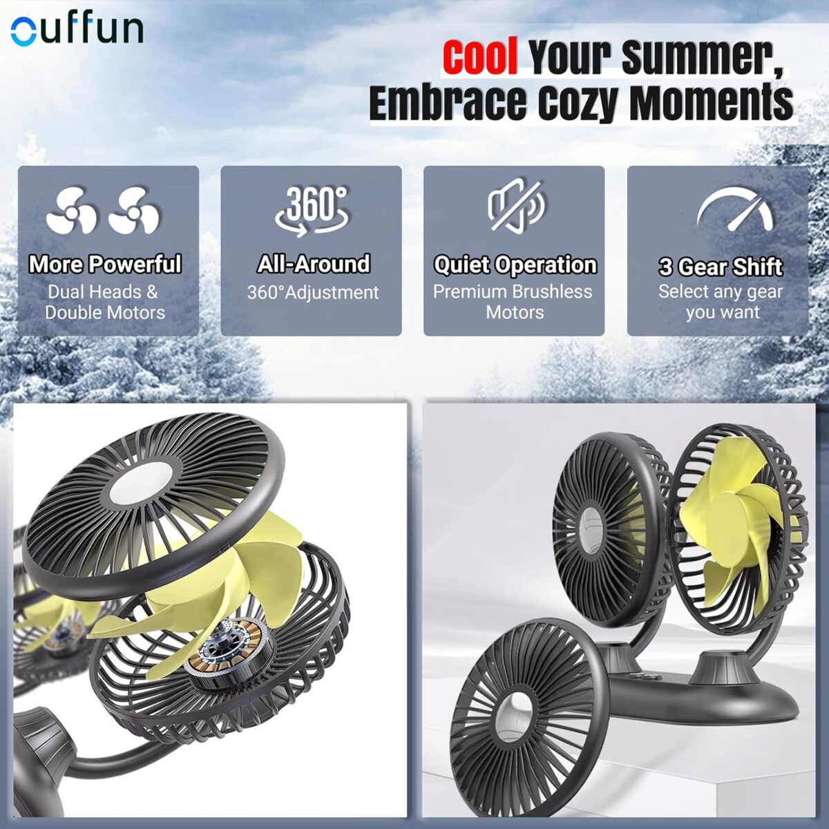 Car Fan, USB Portable Fan for Car with 3 Wind Speed, 360 Degree Rotatable Dual Head Car Fans, Strong Wind Electric Auto Fans for Car Dashboard SUV RV Truck Boat Van Sedan Home Office - Image 4