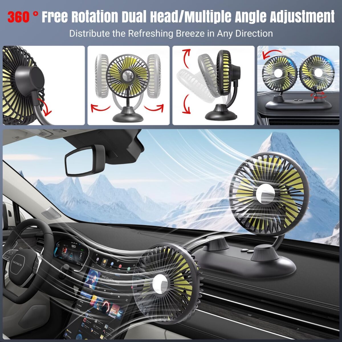 Car Fan, USB Portable Fan for Car with 3 Wind Speed, 360 Degree Rotatable Dual Head Car Fans, Strong Wind Electric Auto Fans for Car Dashboard SUV RV Truck Boat Van Sedan Home Office - Image 6