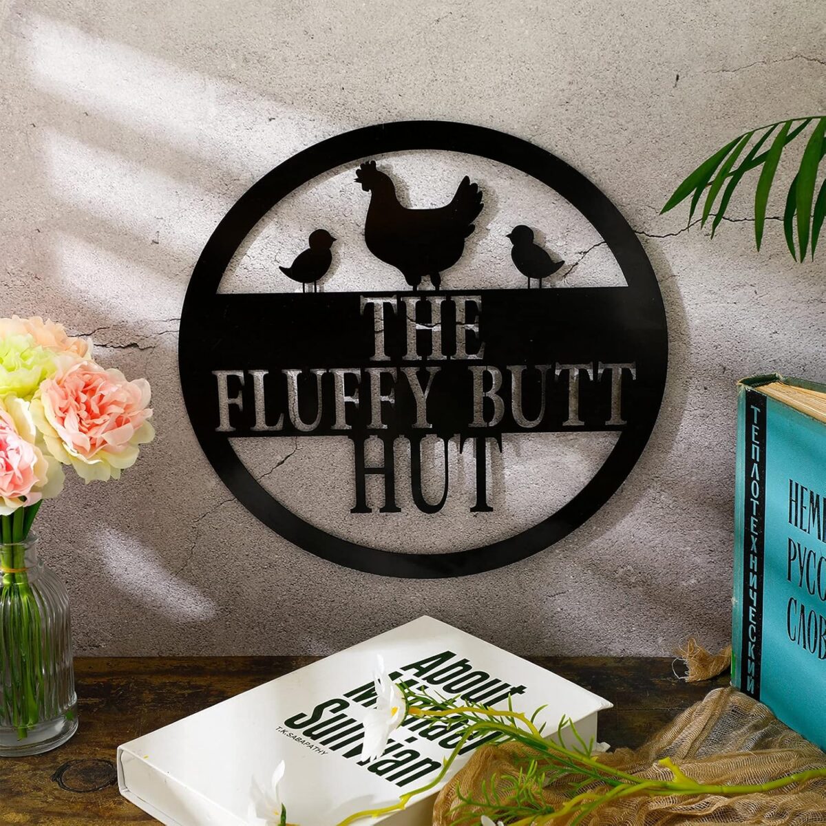 Chicken Coop Metal Sign 11.8" Fluffy Butt Hut Sign Chicken Coop Accessories Funny Decor Gift Kitchen Farmhouse Wall Art Retro Vintage Wall Art for Hen Lovers and Nesting Box Accent (Black) - Image 1
