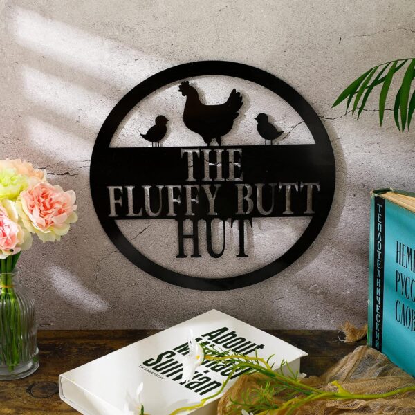 Chicken Coop Metal Sign 11.8" Fluffy Butt Hut Sign Chicken Coop Accessories Funny Decor Gift Kitchen Farmhouse Wall Art Retro Vintage Wall Art for Hen Lovers and Nesting Box Accent (Black)