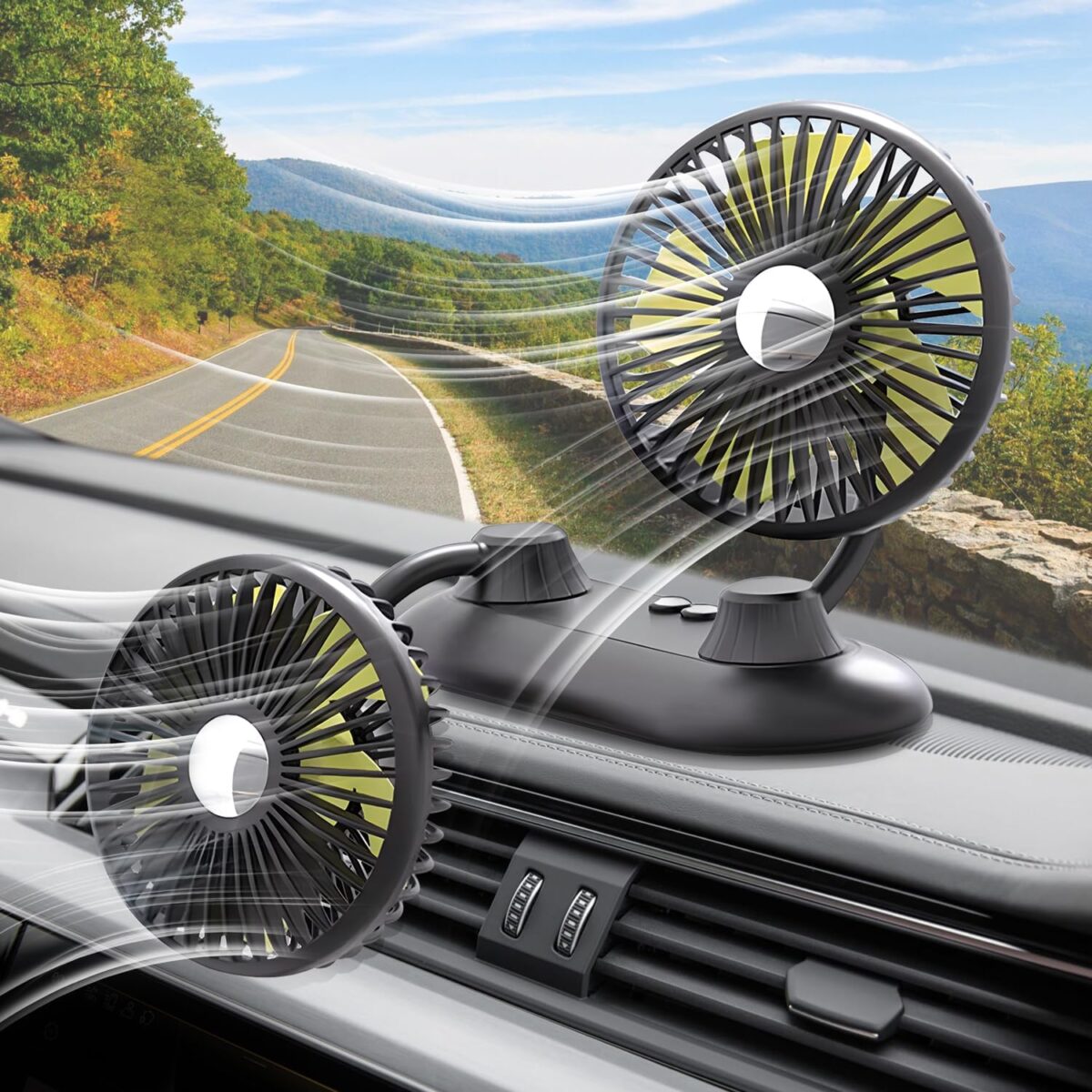 Car Fan, USB Portable Fan for Car with 3 Wind Speed, 360 Degree Rotatable Dual Head Car Fans, Strong Wind Electric Auto Fans for Car Dashboard SUV RV Truck Boat Van Sedan Home Office - Image 1