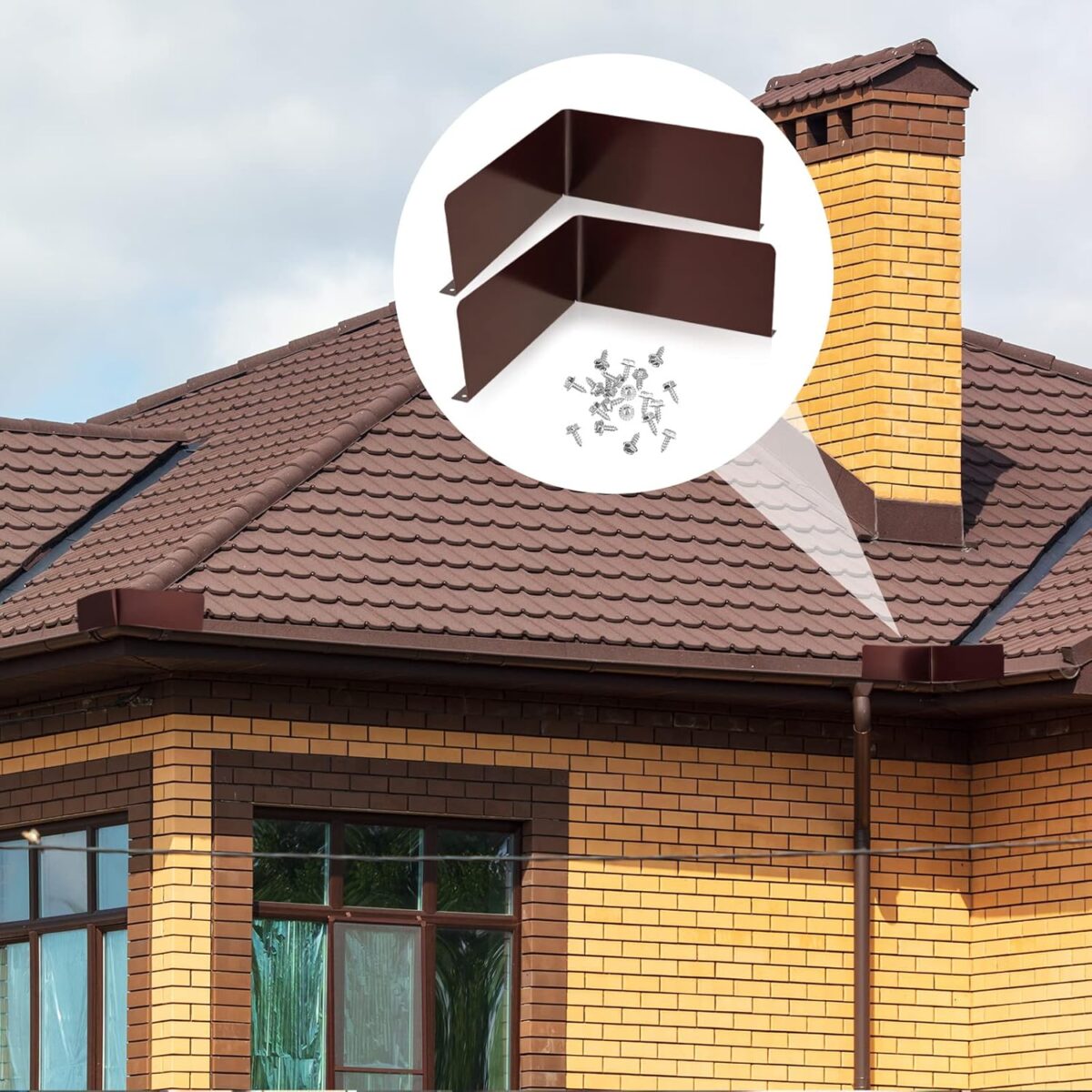 2 Pcs Gutter Valley Splash Guards Downspout Diverter Roof Rain Diverter Roofing Gutter Guards with 20 Pcs Matching Gutter Screws Rain Gutter Guards for Corner House, Brown (Bent Style) - Image 6