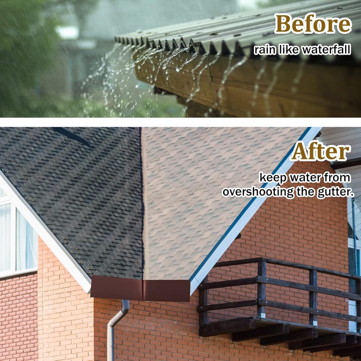 2 Pcs Gutter Valley Splash Guards Downspout Diverter Roof Rain Diverter Roofing Gutter Guards with 20 Pcs Matching Gutter Screws Rain Gutter Guards for Corner House, Brown (Bent Style) - Image 7