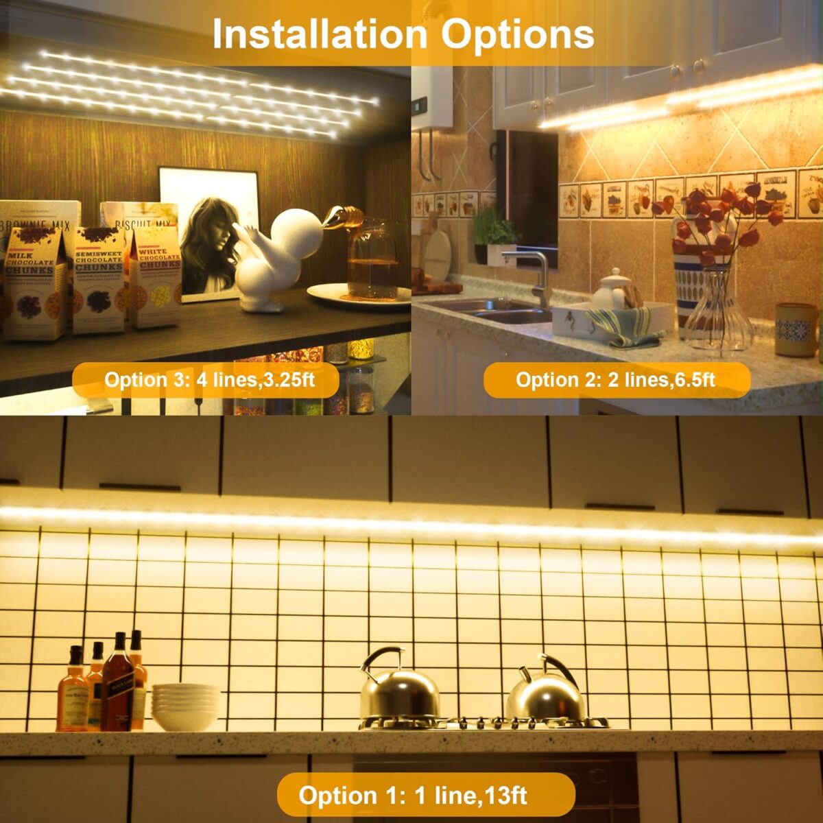 under Cabinet Lighting Kit - 8 PCS, 2700K Warm White Flexible LED Strip Lights with Remote and Power Adapter for Kitchen Cabinets, Shelf, Desk, Counter - 13Ft - Image 3