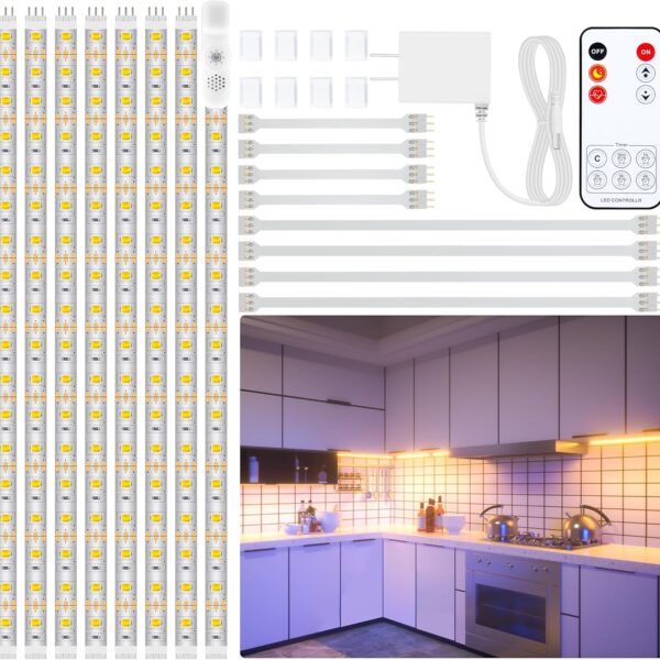 under Cabinet Lighting Kit - 8 PCS, 2700K Warm White Flexible LED Strip Lights with Remote and Power Adapter for Kitchen Cabinets, Shelf, Desk, Counter - 13Ft