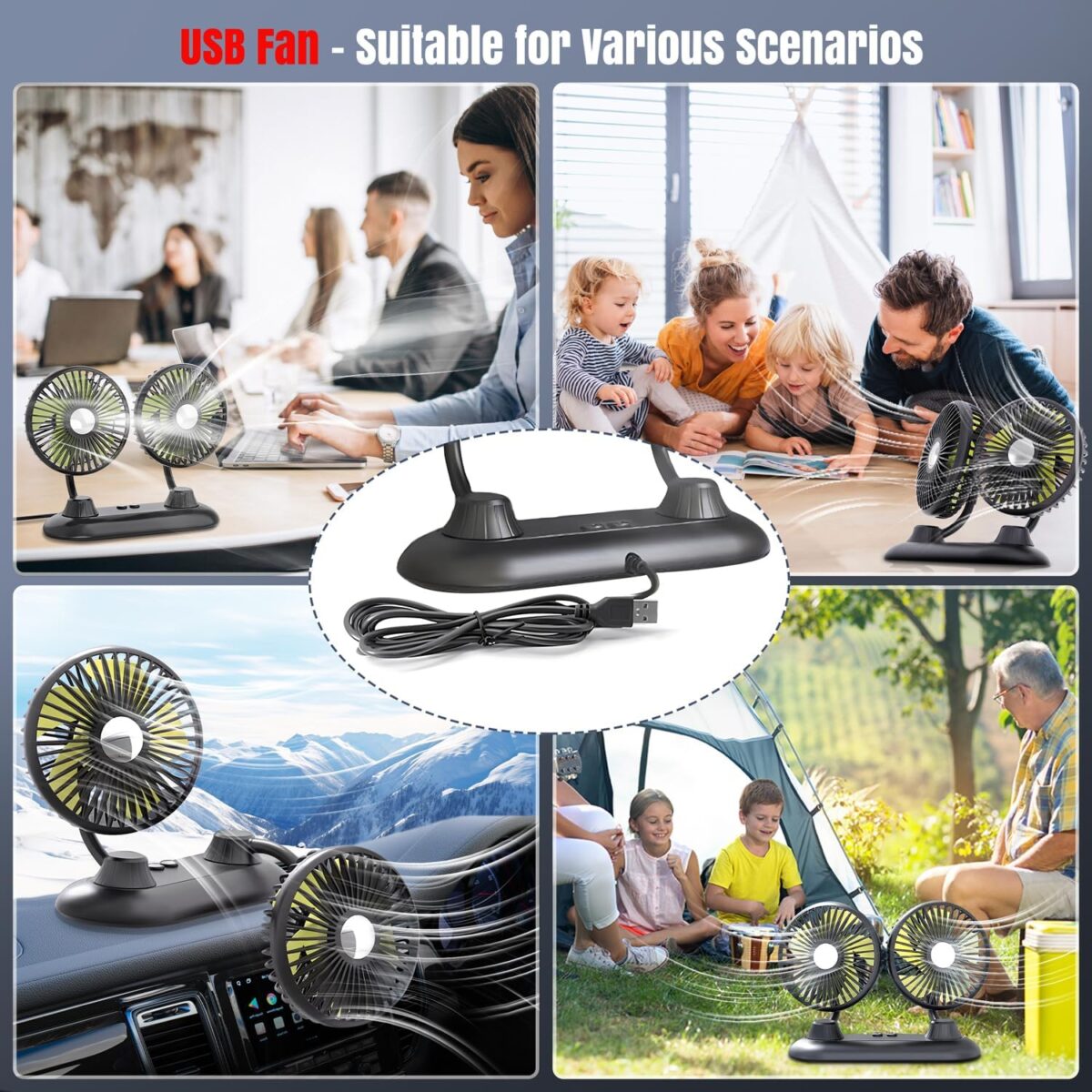 Car Fan, USB Portable Fan for Car with 3 Wind Speed, 360 Degree Rotatable Dual Head Car Fans, Strong Wind Electric Auto Fans for Car Dashboard SUV RV Truck Boat Van Sedan Home Office - Image 7