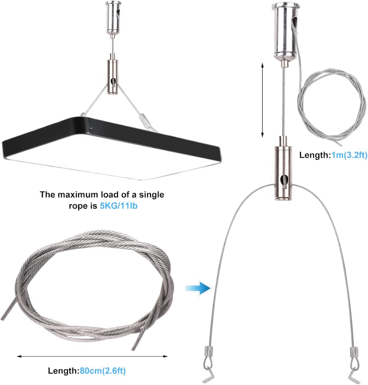 4 Set / 8Pcs Lighting Light Suspension Cables Kit Steel Hanging Chains, per Strip Load 11 Ib & 3.4 Ft Adjustable for Commercial Aquarium LED Panel Light LED Shop Lights Aquarium Lights - Image 3