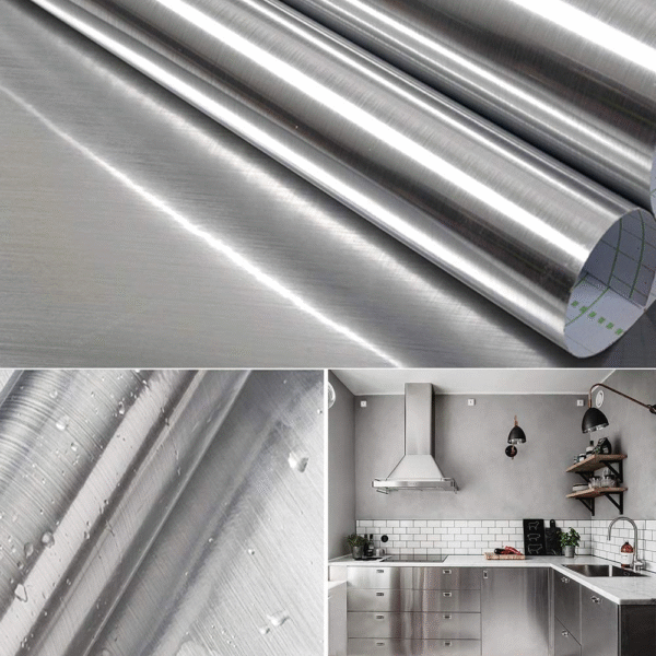 Stainless Steel Contact Paper Peel and Stick Waterproof Silver Metallic Wallpaper Self Adhesive Removable Vinyl Roll for Kitchen Cabinet Refrigerator Dishwasher Countertop 17.3''X118''